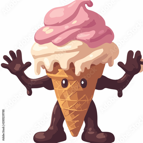 cartoon ice cream character with swirl cone raising hands in joy