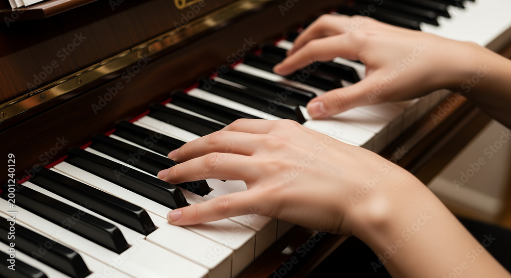 Fototapeta premium Person Playing Piano Keyboard, Close Up on Hands, Music Practice and Creative Expression Concept