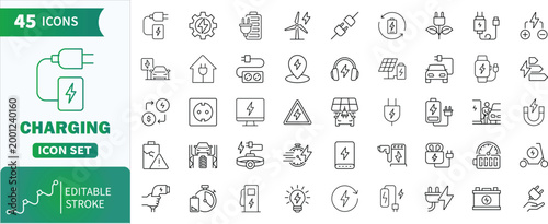 Charging icon set. Containing charge, battery, electricity, cable, charger, station, recharge, illustration, electric, bank, and charging station icons.