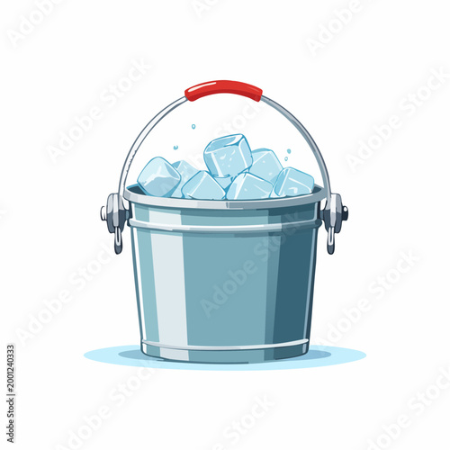 Metal bucket filled with ice cubes and water