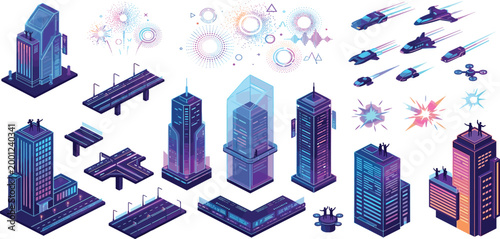 Isometric cyberpunk city elements set with neon skyscrapers flying cars futuristic roads and high tech infrastructure for smart metropolis gaming design.