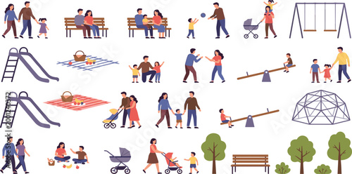 Large set of isolated park people and playground elements featuring families kids playing slides swings seesaws and picnic gear for custom outdoor scene creation.