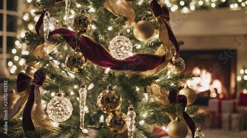 Luxurious christmas tree with gold ornaments and red ribbons in a cozy living room with fireplace