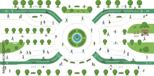 Top view urban park map with fountain roundabout bicycle lanes pedestrian paths green space and diverse people walking and cycling for sustainable city planning.