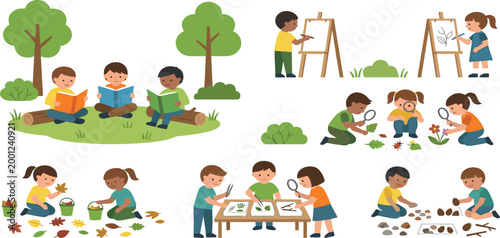 Outdoor education and forest school children set featuring kids reading painting and exploring nature with magnifying glasses for early childhood learning.