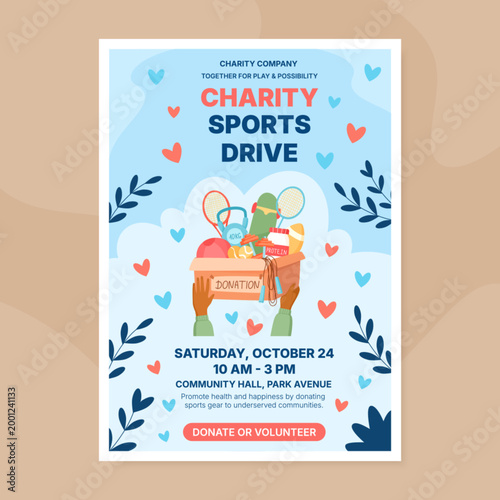 Sport equipment charity donation box poster. Community gift box with ball and sport equipment as help and support for people. Volunteer donate concept on light blue background, flat icon style for