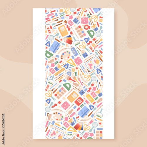 Cartoon artist supplies palette pattern template. Cute art stationery act as creative painting kit and workshop study stuff. Color pencil, brush and scissors with watercolor palette form pastel