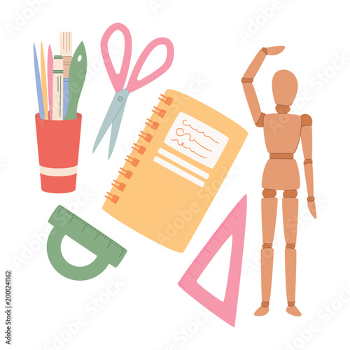 Flat artist supplies on white surface. Cartoon stationery set with scissors and marker near sketchbook. Wooden mannequin as art tool for study and workshop concept, pastel color classroom supply