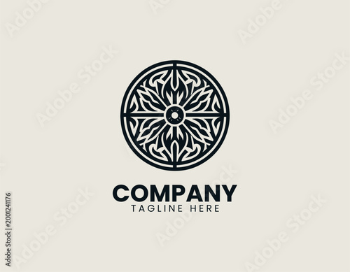 Flame wheel symbol with eight spokes in black vector logo design on white background with energy power and circular emblem concept