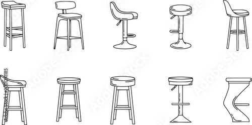 Bar stool line art icon set furniture collection vector illustration isolated on white background