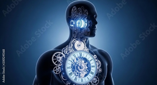 Human Biological Clock Concept with Mechanical Gears and Internal Timing System