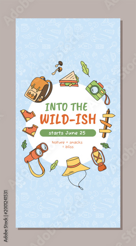 Vertical camping adventure poster in doodle sketch style with outdoor hat, backpack, lantern and binoculars. Color background graphic for hiking, camp theme and travel inspiration.