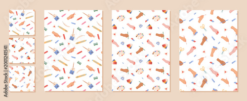 Cartoon painter tool pattern with playful art palette and brush on white background seamless. Painter hand with pencil and paint kit create childish craft mood. Seamless stationery layout suits