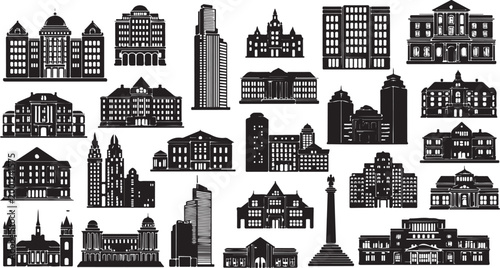 Black and white city skyline with various buildings