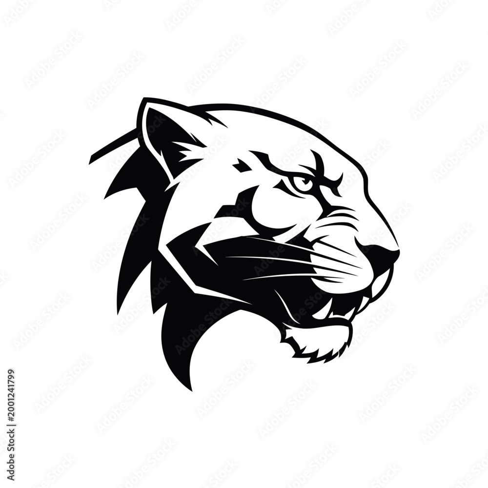 Obraz premium A striking black and white illustration of a fierce cougar's head in profile.