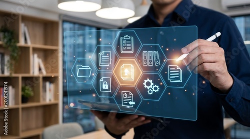 Professional user managing digital document file system on holographic interface for secure cloud storage and electronic records management in modern business workflow