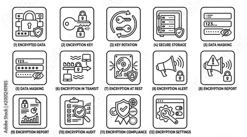 Various digital encryption icons and symbols.