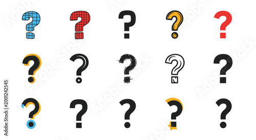 Grid of fifteen various question mark icons in different colors patterns and creative styles for help and support.
