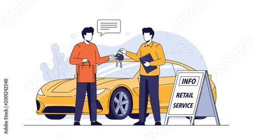 Salesperson and customer exchanging car keys in front of yellow sports vehicle at modern automotive retail service.