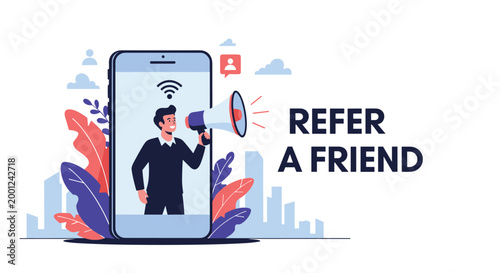 Referral program marketing concept featuring man shouting through megaphone from smartphone screen in city setting.