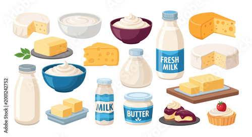 Assorted collection of dairy products including milk bottles, cheese blocks, butter portions, and creamy yogurt bowls.