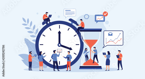 Conceptual business illustration with small people working around giant clock and hourglass representing time management.
