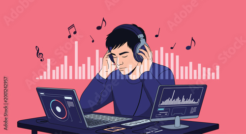 Young man wearing headphones listening to music with digital sound waves and floating musical notes on pink background.