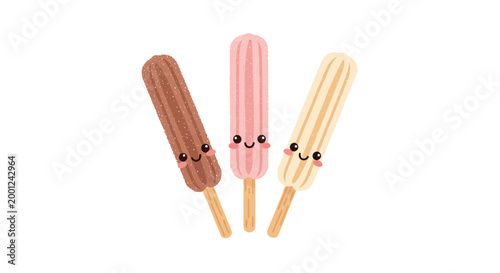 Delicious and adorable cartoon popsicles in assorted flavors like chocolate, strawberry, and vanilla, perfect for a refreshing summer treat and sweet indulgence