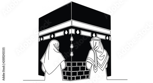 Line Art of Two People in Traditional Clothing Praying in Front of the Kaaba in Mecca