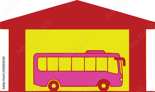 Garage building houses a pink bus in this simple art.