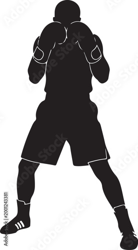 Black silhouette of a boxer in fighting stance gloves