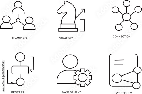 Set of six business concept icons for teamwork, strategy, connection, process, management, and workflow in thick line
