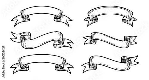 Vintage ribbon banner set hand drawn engraving style for labels and titles