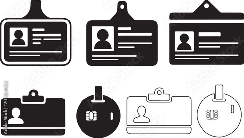 Collection of simple graphic icons representing various types of identification badges and cards with holder attachments