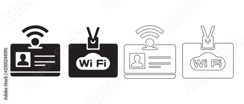 Collection of WiFi access badge icons in solid and outline styles isolated on white