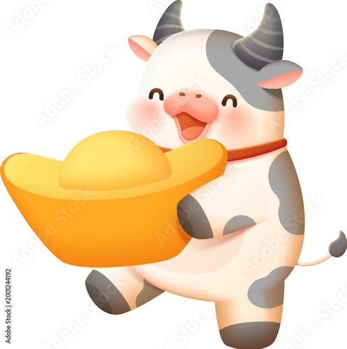 Cute cow holds a golden ingot