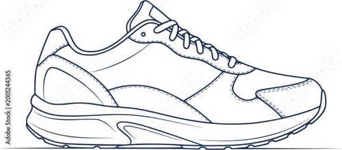 A simple line drawing depicts a single blue athletic shoe in profile view high quality professional
