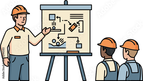 Construction training illustration featuring an experienced male engineer wearing a hard hat while presenting a technical project diagram on a standing flipchart easel to a group of attentive industri