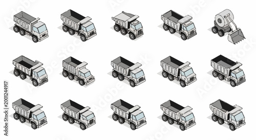 Billede på lærred Isometric dump trucks and excavator icons for construction and heavy machinery concepts