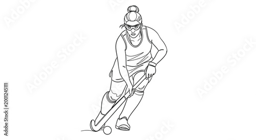 Simple Line Drawing of a Woman Playing Field Hockey, Ready to Strike the Ball with Her Stick