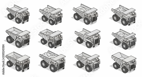 Photos Collection of isometric dump trucks in various states of loading and unloading, presented in a grid layout
