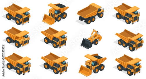 Collection of isometric construction vehicles including dump trucks and excavators in various poses and states of loading.