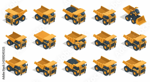 Set of isometric yellow dump trucks and excavators in various poses and with different loads, isolated on white background.