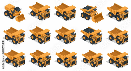 Collection of isometric construction dump trucks and loaders in various poses and loaded with materials.