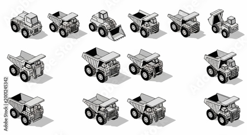 Collection of isometric construction vehicles and trucks in a clean, graphic style.