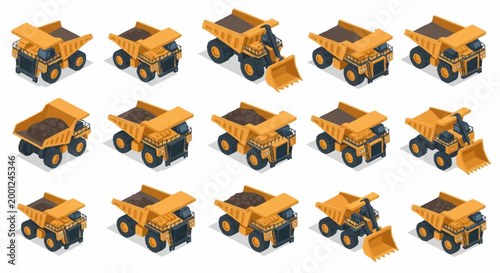 Photos Collection of isometric yellow dump trucks and excavators on a white background, representing construction and mining vehicles