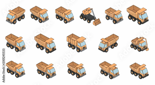 Collection of isometric construction trucks and digger in various poses and states of operation, isolated on a white background.
