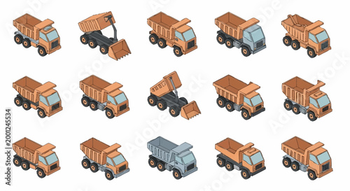 Collection of isometric dump trucks and construction vehicles in various poses and colors for design.