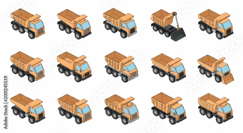 Collection of Isometric Dump Trucks and Construction Vehicles in Various Poses.