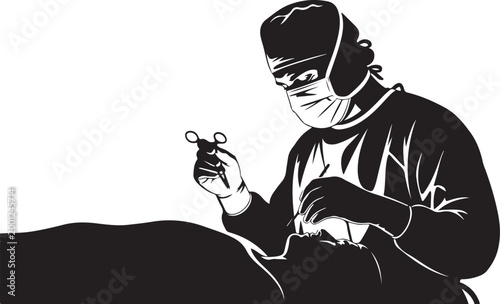 Surgeon performing surgery with scissors and mask medical